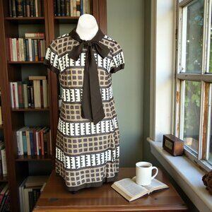 Vintage 60's Carol Craig Brown Geometric Big Bow Modest Sheath Dress